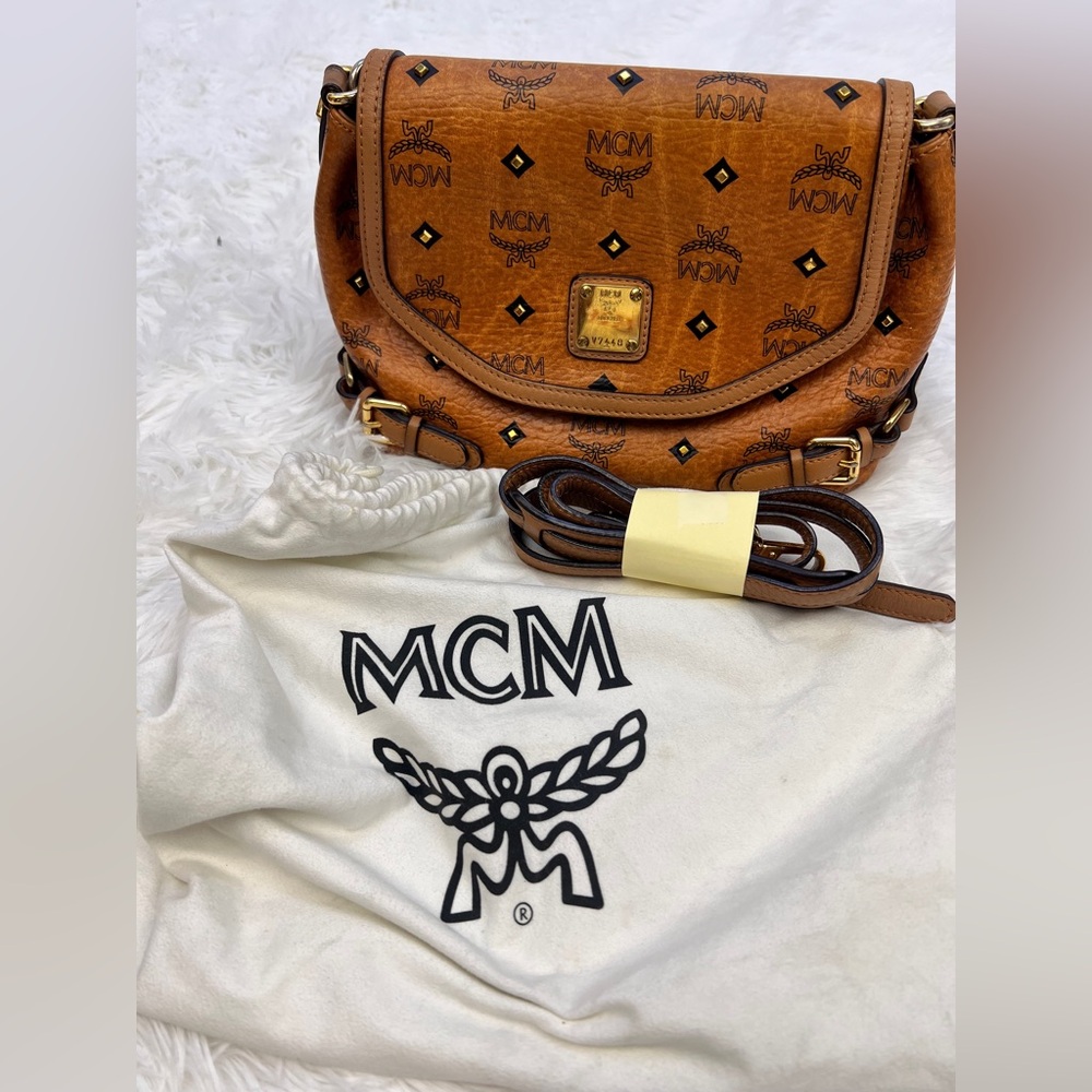 MCM Visetos Monogram Cognac Brown Leather Crossbody Saddle Bag Pre-Owned